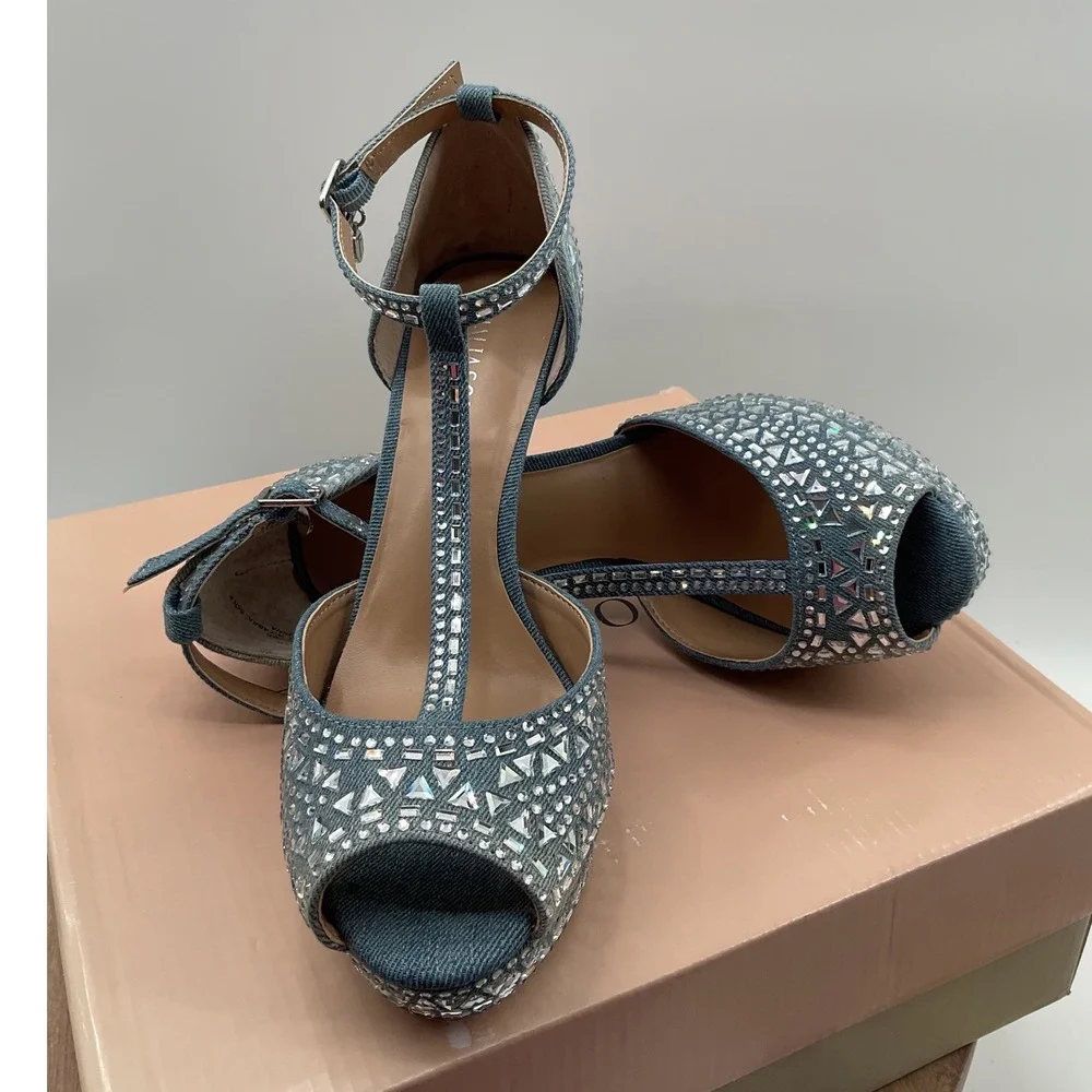 Thalia Sodi Chace Denim Rhinestone Platform Heels Blue T-Strap Peep Toe 6.5W